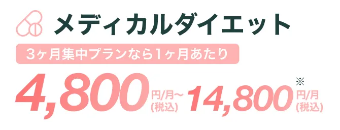 メディカルダイエット3ヶ月集中プランなら1ヶ月あたり4,800円/月〜(税込) 14,800円/月(税込) *
